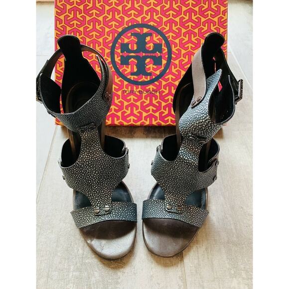 $375 TORY BURCH Teagan High Heel Gladiator Sandals Vegan Leather EUC Designer 9 - Picture 2 of 11